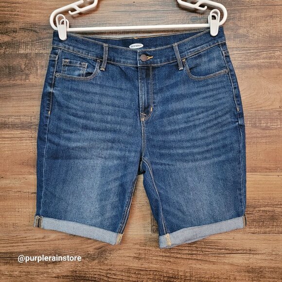 Old Navy Cuffed Bermuda Shorts 10 Mid Rise Toise Dark Wash Stretch Denim - Picture 1 of 11